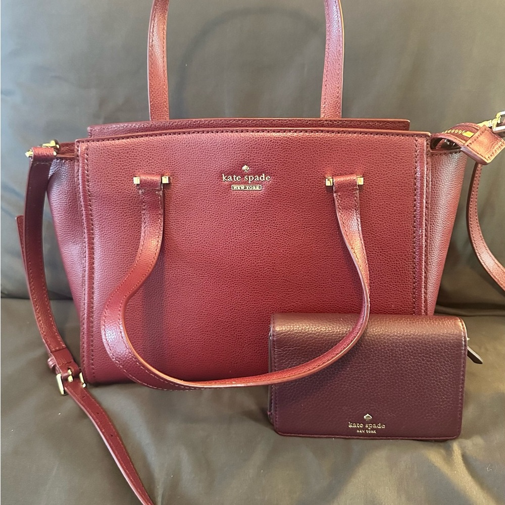 Kate Spade Maroon Satchel Purse and Wallet Set - Geraldine Line
